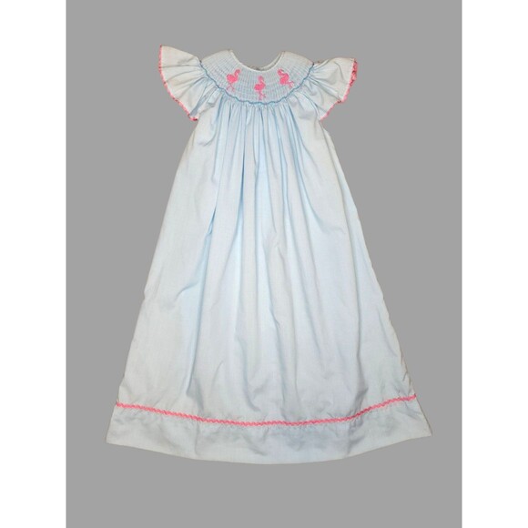 Two Scoops Girls Smocked Bishop Dress Size 6 Blue Gingham Flamingo Embroidered - Picture 1 of 9